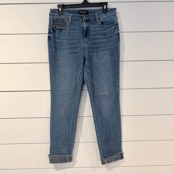 Judy Blue 13/31 Skinny Jeans Plaid Cuff Raw Hem Stretch Denim Women - Picture 4 of 10